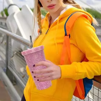 Термокружка со стразами из нержавеющей стали, термостакан с крышкой и соломинкой, бутылка для воды со сверкающими стразами, подарок на День святого Валентина 500ML белый