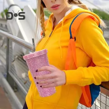 Термокружка со стразами из нержавеющей стали, термостакан с крышкой и соломинкой, бутылка для воды со сверкающими стразами, подарок на День святого Валентина 500ML белый