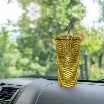 Термокружка со стразами из нержавеющей стали, термостакан с крышкой и соломинкой, бутылка для воды со сверкающими стразами, подарок на День святого Валентина 500ML золотистый