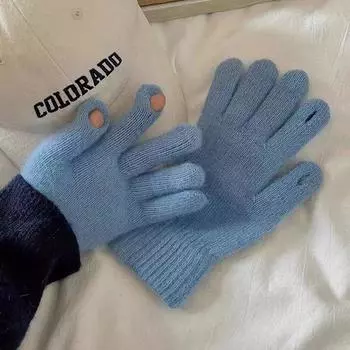 Термоперчатки с открытыми пальцами и кроличьей шерстью, теплые, антифриз, перчатки для верховой езды на пять пальцев, для игр на мобильных телефонах, синие