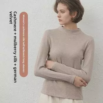 Терморубашка Tangge из смеси шелка и кашемира — полувысокий воротник, длинные рукава, утолщенный бархат для тепла осенью/зимой XXL кленовый/лист