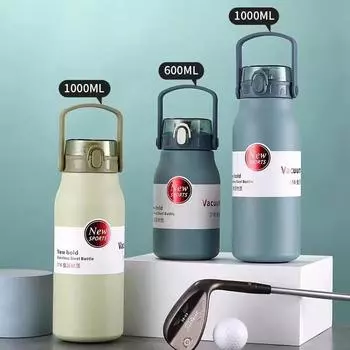 Термос большой емкости из нержавеющей стали 316, студенты мужского и женского пола с соломинкой, чашка для питья с большим животом, портативный спортивный чайник с теплоизоляцией 600ml синий