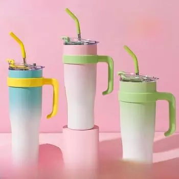 Термос-чашка Gradient с ручкой и трубочкой - большая, нержавеющая сталь 304, переносная чашка для льда Thermos Cup