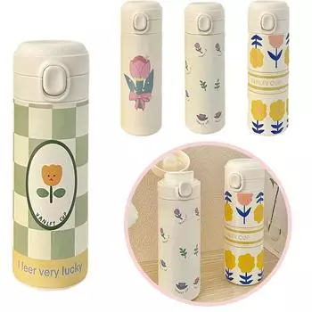 Термос-чашка с изображением цветка тюльпана, кружка с соломинкой и пряжкой, герметичная термокружка для молока, чая, кофе, дорожная бутылка для воды для офиса 420ml