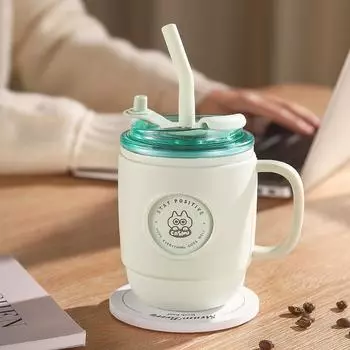 Термос для кофе из нержавеющей стали 304, чашка для девочек, внешний вид, домашний офис, соломенная чашка для воды, переносная чашка с крышкой 450ml зелёный