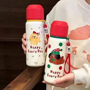 Термос для студентов, рождественская чашка высокого уровня, из нержавеющей стали, для девочек, портативная компактная двойная чашка для питья с трубочкой 500ml