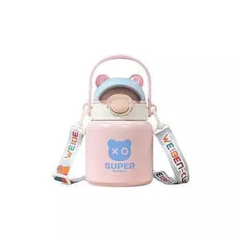 Термос из нержавеющей стали 316 с ручкой и ремешком на 600 мл, детская соломенная кружка для воды в стиле панк-медведь, студенческая кружка для мужчин и женщин 600ML чёрный