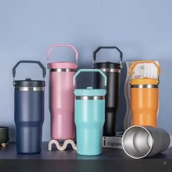 Термос из нержавеющей стали большой емкости с ручкой для путешествий в автомобиле с трубочкой 900ml