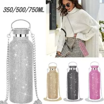Термос из нержавеющей стали с бриллиантами, портативная блестящая бутылка для воды со стразами, термофляга через плечо, 350/500/750 мл 350ml золотой