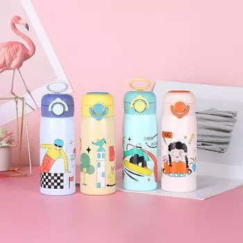 Термос из нержавеющей стали в мультяшном стиле с подъемным кольцом, портативная детская кружка для воды, прямая питьевая мини-кружка с крышкой для воды 500ml