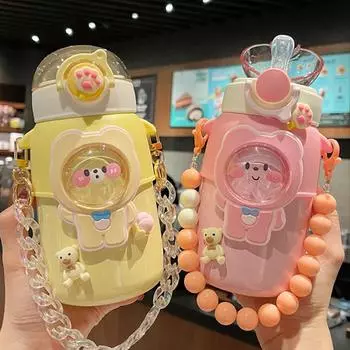 Термос с милым медведем, 600 мл, с соломинкой для девочек, детская термос из нержавеющей стали, изолированные герметичные термобутылки 600ml