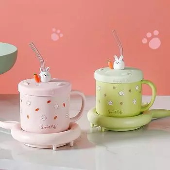 Термостатическая кружка 55 , милая мультяшная кружка с кроликом, автоматическая термоизоляция, керамическая чашка, кофейная чашка, чашка для молока, чашка для завтрака розовый