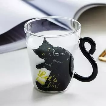 Термостойкая боросиликатная стеклянная кружка с изображением кошки и ручкой специального дизайна — 300 мл