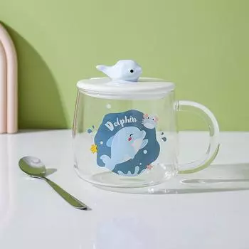 Термостойкая стеклянная чашка Скандинавская кружка Дом Офис Парная чашка Дельфин Чашка для молока и кофе с крышкой и ложкой 401-500ml