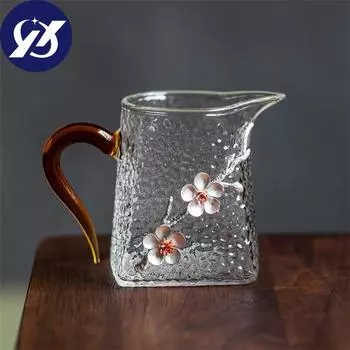 Термостойкий стеклянный чайник с ручкой и 3D чашка с цветком сливы, прозрачная посуда для напитков с узором молотка