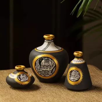 Terracotta Pots Flower Vases for Living Room Terracotta Decorative for Home & Decorative Vase for Home Decor ( Jet Black, Golden & White)