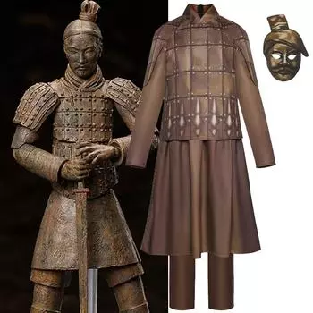 Терракотовые воины и лошади Косплей Костюм Цинь Ши Хуан Древняя армия Одежда для ролевых игр Жилет Брюки с маской Хэллоуинская вечеринка 3XL