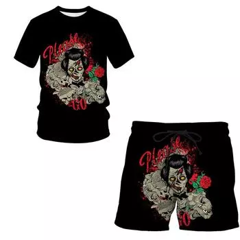 Terror Skull Лето Мужская футболка с 3D принтом и шорты Комплект мужская спортивная одежда Спортивный костюм с круглым вырезом с коротким рукавом Мужская одежда Костюм Топы M