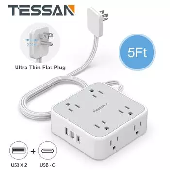 TESSAN 11 в 1 Ультратонкий удлинитель с плоской вилкой и 8 розетками переменного тока, 2 USB-A и 1 USB-C, сетевой фильтр для домашнего офиса
