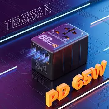 TESSAN 35W/65W100W GaN Универсальный адаптер для путешествий по всему миру с USB и адаптером для быстрой зарядки типа C, штепсельная вилка ЕС/Великобритании/США/Австралии для путешествий