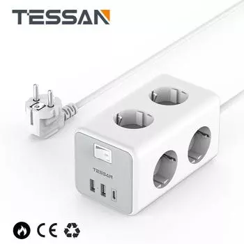TESSAN 3600 Вт, удлинитель с вилкой европейского стандарта, удлинительный кабель 2 м, многоцелевая электрическая розетка с 6 розетками переменного тока и 2 USB 1 Type-C, быстрая зарядка 3 Outlets &3 USB Ports серый
