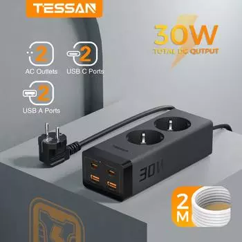 TESSAN 3600 Вт Защита от перенапряжения Сетевой фильтр GaN 2-канальный адаптер с 4 USB-портами для быстрой зарядки, несколько вилок с кабелем 2 м для дома 2 Outlets & 4 USB Ports чёрный