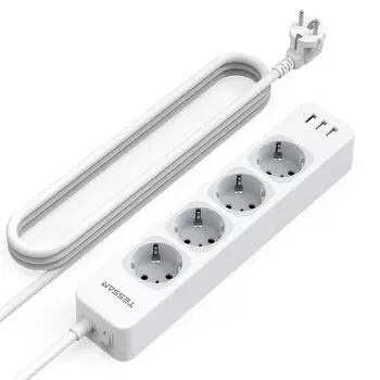 TESSAN 4-Way Multiple Socket with USB C and 2 USB A, 7-in-1 Power Strip Extension Cable 2 m, Multiple Plug with Switch, 3600W Socket Power Strip 4 Outlets&1 USB C 2 USB A серый