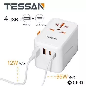 TESSAN 65 Вт/100 Вт адаптер для путешествий по всему миру, универсальная розетка с USB и адаптером питания для быстрой зарядки типа C, вилка ЕС/Великобритании/США/Австралии для путешествий