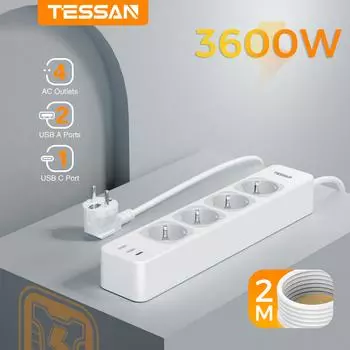 Удлинитель TESSAN 7-в-1, 2 м, несколько вилок с выключателем, удлинитель с розеткой 3600 Вт серый