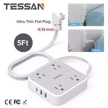 TESSAN 7 в 1 Ультратонкий удлинитель с плоской вилкой, 4 розетками и 3 USB (1 Тип С), Удлинительный кабель длиной 5 футов для путешествий, офиса, дома