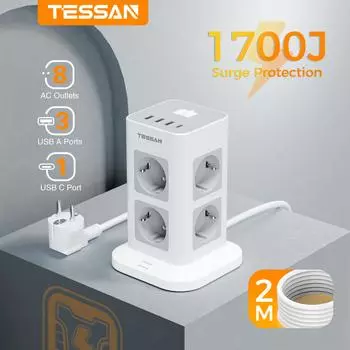 TESSAN 8-канальный удлинитель с несколькими башнями и удлинительным кабелем 2 м, сетевой фильтр 1700J, розетка Euro Plug Tower с типом C 8 Outlets & 4 USB Ports серый