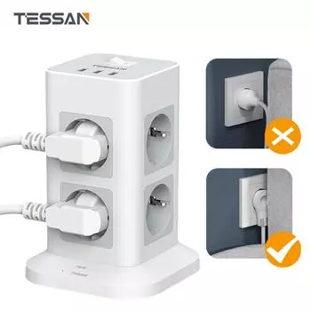 TESSAN 8-контактная многоконтактная розетка с 3 розетками USB с плоской вилкой, защитой от перенапряжения с несколькими вилками, розеткой и выключателем для дома, 3600 Вт 3 Outlets &3 USB Ports серый