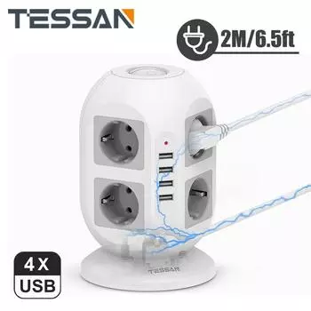 TESSAN 8 розеток Power Strip Tower с 3/4 USB-портами, удлинительный кабель 2 м, вертикальная вилка, электрическая розетка, защита от перенапряжения для дома