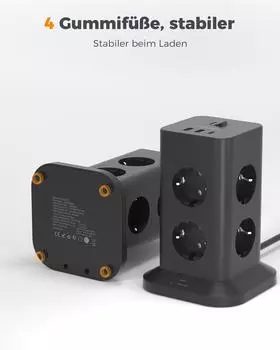 Tessan Башня 8-позиционная розетка Multi Power Strip Вертикальный 2-метровый удлинитель с вилкой ЕС с 2 USB A 1 USB C Выключатель защиты от перенапряжения 8 Outlet&2 USB-A&1 USB-C чёрный