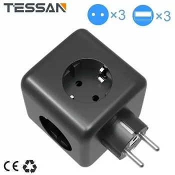 TESSAN Black Powercube USB-адаптер для настенной розетки с 3 розетками переменного тока и 3 USB-портами, удлинитель с несколькими европейскими вилками для дома 3 Outlets & 3 USB Ports серый