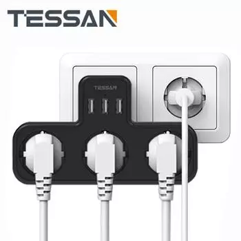 TESSAN Черная розетка на несколько стен с 3 розетками переменного тока и 3 портами USB, USB-адаптером 6 в 1 с защитой от перегрузки для дома и офиса 3 Outlets & 3 USB Ports чёрный