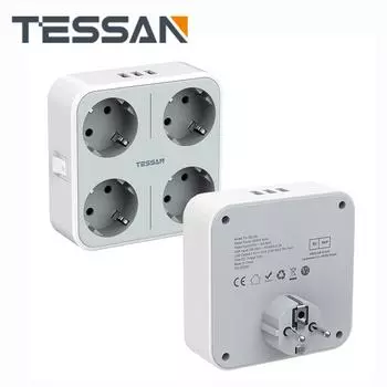 TESSAN Домашняя USB-розетка с выключателем, 4 розетки переменного тока и 3 USB-порта, настенная розетка европейского стандарта с креативным дизайном под углом 45 °