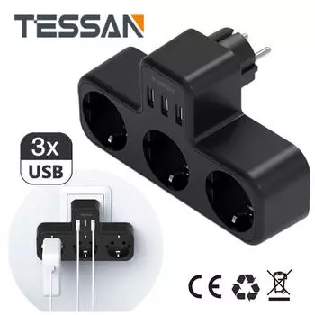 TESSAN EU Plug, несколько настенных розеток, 3 розетки и 3 USB-порта, настенное зарядное устройство USB 6 в 1 для домашнего офиса, путешествий