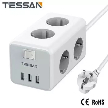 TESSAN EU Plug Power Strip Cube Несколько розеток с переключателем 6 розеток 3 USB-порта Удлинительный кабель 2 м Защита от перегрузки для дома