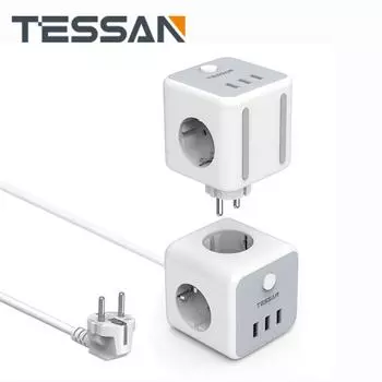 TESSAN EU Plug Power Strip Cube с переключателем, 3 розетки, 3 USB-удлинителя, 1,5 м, несколько европейских вилок, электрическая розетка для дома 3 Outlets & 3 USB Ports серый