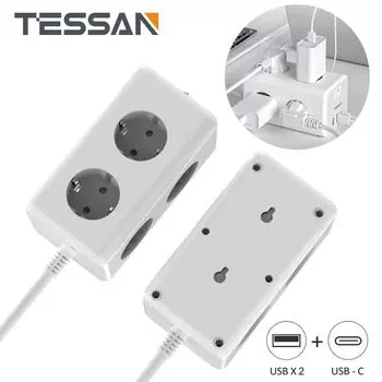 TESSAN EU Plug Розетка переменного тока Многоточечный удлинитель Электрическая розетка с USB-портами Быстрая зарядка для ome, Office