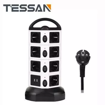 TESSAN EU Plug Вертикальный удлинитель Tower с 6/12/14 розетками и 4 USB-портами с индивидуальными переключателями, выдвижной удлинитель длиной 2 м
