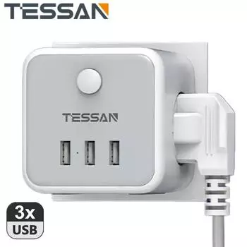 TESSAN Европейский удлинитель с несколькими розетками, 3 розетки, 3 USB-порта, штепсельная вилка EU KR, тройник-адаптер Thief с переключателем вкл./выкл.