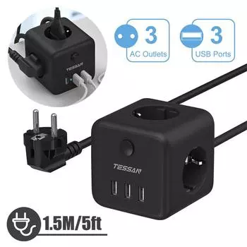 TESSAN Кубическая USB-разъемная розетка 6 в 1 с переключателем, 3 розетками переменного тока и 3 USB-портами, удлинителем с несколькими разъемами и удлинительным кабелем длиной 1,5 м для дома и офиса