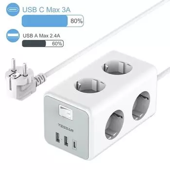 Tessan Кубик с вилкой европейского стандарта и 6 розетками, 2 USB 1, удлинительный кабель типа C, 2 м, адаптер питания с несколькими розетками и переключателем для дома
