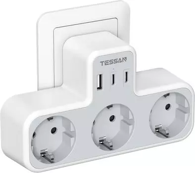 TESSAN Многофункциональная настенная розетка с 2 портами USB C и 1 портом USB A, USB-адаптер 6 в 1 с защитой от перегрузки для смартфона, планшета 3 Outlets серый
