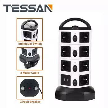 TESSAN Multi-tap Tower Удлинитель Вертикальный сетевой фильтр 6/10/14 Электрическая розетка европейского стандарта 4 порта USB Удлинитель 2 м 10 Outlets & 4 USB Ports чёрный