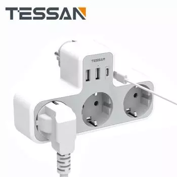 TESSAN несколько удлинителей, электрическая розетка-удлинитель с вилкой европейского стандарта, 3 розетки с 2/3 USB-портами, настенное зарядное устройство, адаптер для домашнего путешествия 3 Outlets & 3 USB Ports серый