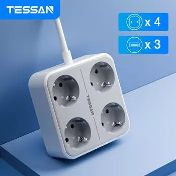 TESSAN Розетка переменного тока с вилкой европейского стандарта Multiprise Умный дом Удлинитель 2 м Электрическая розетка 3 USB-порта и переключатель включения/выключения