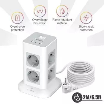 TESSAN с несколькими розетками, удлинитель, вертикальная вилка, вертикальная розетка с удлинителем USB, 2 м, вилка европейского стандарта, электрическая розетка, защита от перенапряжения